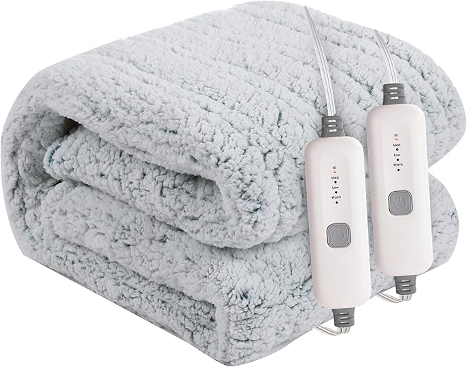 Electric Heated Blanket 84"x90" Queen Size - 4 Heat Settings & Dual Controllers, 10H Auto Shut Off, Ultra-Soft Sherpa Heated Blanket with Overheat Protection, Light Blue