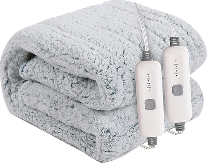 Electric Heated Blanket 84"x90" Queen Size - 4 Heat Settings & Dual Controllers, 10H Auto Shut Off, Ultra-Soft Sherpa Heated Blanket with Overheat Protection, Light Blue