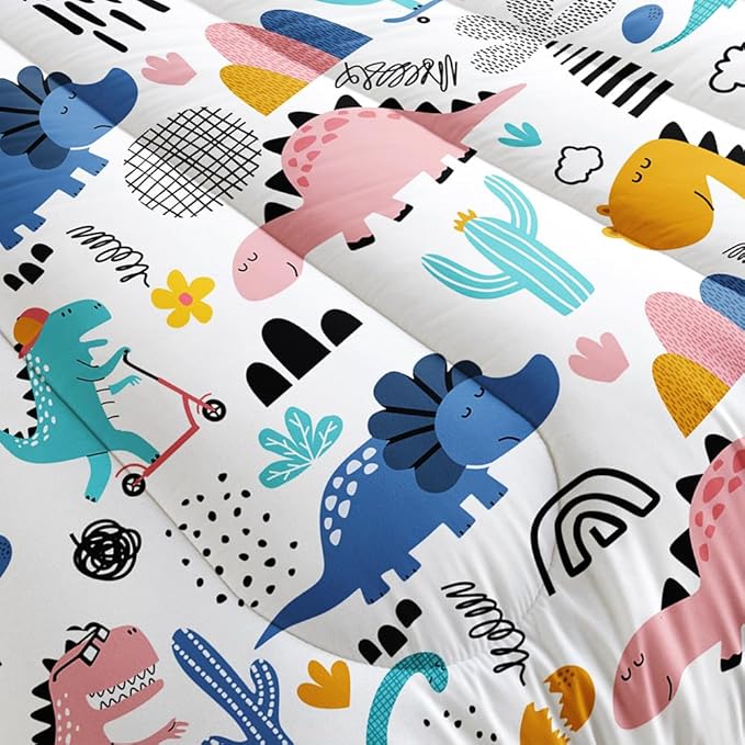 Cartoon Dinosaur Rainbow Comforter Set Full 3Pc Kawaii Dinosaur Bedding Set All Season with Cactus, Coconut Tree Decoration Includes 1 Comforter, 2 Pillowcases for Kids Girls Teens