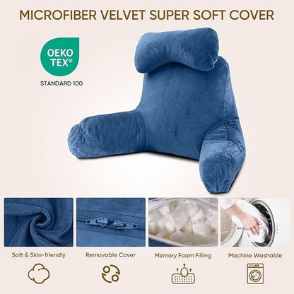 Reading Pillow for Sitting in Bed Adult, Bed Pillow with Shredded Memory Foam, 25''H Pillow with Detachable Neck Roll, Washable Cover, Sitting Up with Extend Arms, Navy