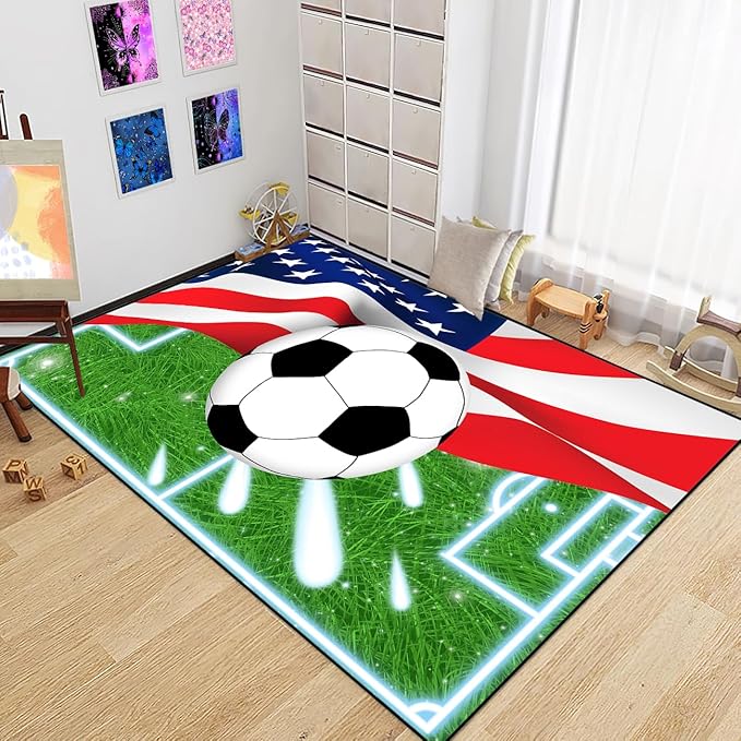 Soccer Rugs for Boys Bedroom - Sports Rug for Boys Bedroom Decor Football Carpet, Football Room Decor for Teens Kids Carpet, Soccer Field Carpet for Playroom Living Room, 5x7 Feet