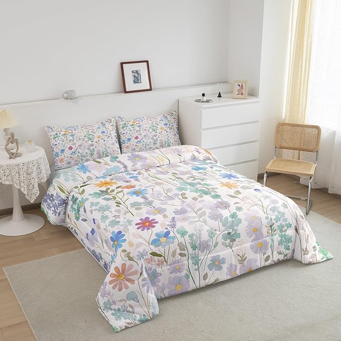 Erosebridal Colorful Floral Twin Bedding Sets for Girls Boys Kids,Green Blue Cute Flower Comforter Set Boho Home Decor,Watercolor Wildflower Quilt Bed Set Wild Flowers Bed Comforter Set 2Pcs