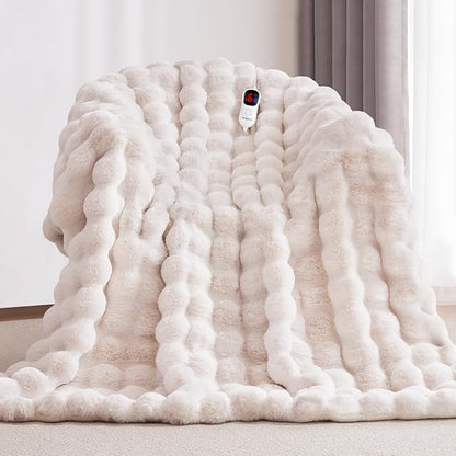 Heated Blanket Full Size with 1/2/4/6/8 Hours Auto-Off 10 Heat Level, 62'' * 84'' Cozy Faux Rabbit Fur Bubble Electric Blanket with Overheat Protection(White)