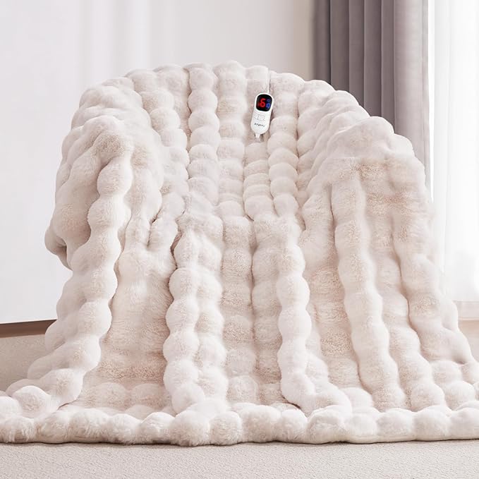 Heated Blanket Throw with 1/2/4/6/8 Hours Auto-Off 10 Heat Level, 50'' * 60'' Cozy Faux Rabbit Fur Bubble Electric Blanket with Overheat Protection(White)