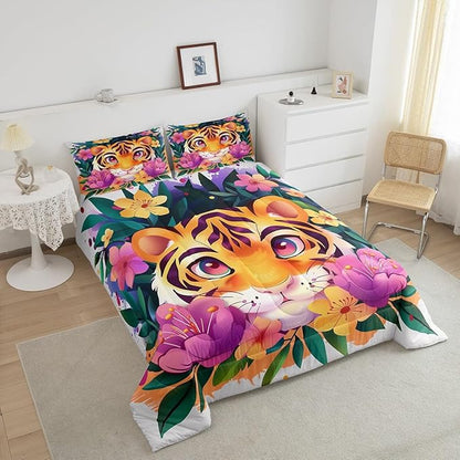 Cartoon Tiger Comforter Set Full Size Tropical Blooming Flowers Bedding Set Kids Boys Girls Cute Animal Print All Season Quilt Set Watercolor Botanical Bedding Comforter Sets,3Pcs