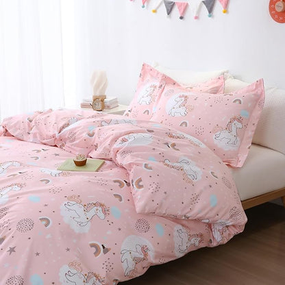 JSD Pink Unicorn Kids Duvet Cover Set Twin Size, 2 Piece Girls Print Microfiber Comforter Cover with Pillow Sham Zipper Closure, Comforter Not Included