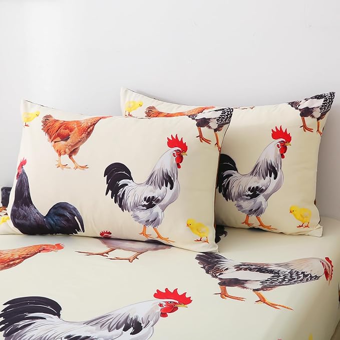 Wajade Chicken Comforter Set 7 Pcs Animal Theme Bedding Set Full Size for Kids Adults Chicken Quilt Farm Theme Printed Pattern for Thanksgiving Birthday