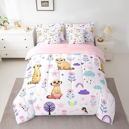 Erosebridal Floral Mongoose 7 Pieces Bedding Set Cartoon Zoo Animal King Comforter Set with Sheets for Boys Girls Kids Room Decor Cute Flower Bed in a Bag Rainbow Bed Set