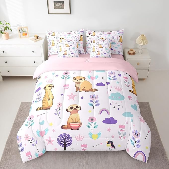 Erosebridal Floral Mongoose 7 Pieces Bedding Set Cartoon Zoo Animal Queen Comforter Set with Sheets for Boys Girls Kids Room Decor Cute Flower Bed in a Bag Rainbow Bed Set