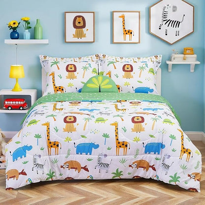 Mooreeke Kids Twin Comforter Sets for Boys Girls 6 Pieces Animal Bedding Set for Teens Microfiber Lion Elephant Kids Bed in A Bag with Comforter, Sheet Set, Shams and Decorative Toy Pillow All Season