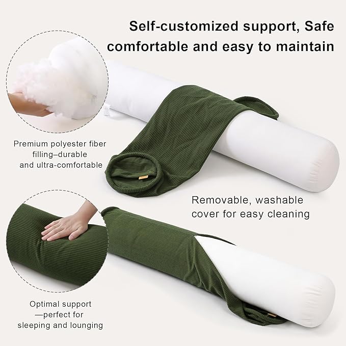 Long Pillow for Bed – Corduroy Round Bolster Pillow for Adults, Decorative Body Pillow for Sleeping or Sofa Support,59 x 7.87 Inches,Avocado Green