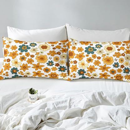70s Retro Flowers Duvet Cover Set King Size,Vintage Autumn Floral Comforter Cover with 2 Pillowcases,3 Piece,Wavy Geometric Hippie Bedding Set for Adult Young Bedroom Xmas Gift
