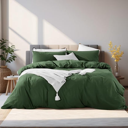 NEXHOME PRO Duvet Cover Set Queen Size Linen Feel Textured Organic Natural 100% Washed Cotton Duvet Cover 3 Pieces Bedding Set with Zipper Closure, Breathable, Soft, Forest Green (No Comforter)