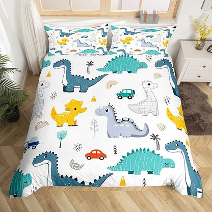 Cartoon Dino Boys Duvet Cover Queen Size,Cute Dinosaur Animal Blue Yellow Sketch Duvet Cover Set for Children Adult,Cars Rainbow Trees Printed Kawaii Soft Comforter Cover for Dorm Room, Zipper, Ties