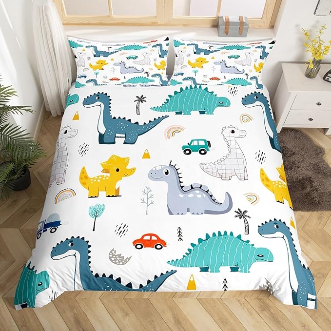 Cartoon Dino Boys Bedding Set King Size for Teens,Cute Dinosaur Animal Blue Yellow Sketch Comforter Cover with 2 Pillowcases,Cars Rainbow Trees Printed Kawaii Duvet Cover Set Microfiber Quilt Cover