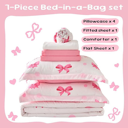 Wajade 7 Piece Pink Bow Bedding Set for Girls Kids Full Size Comforter Set with Sheet and 2 Pillowcases 2 Pillow Shams Cute Girls Bed in a Bag as Birthday Choice