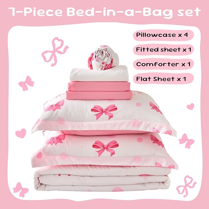 Wajade 7 Piece Pink Bow Bedding Set for Girls Kids Queen Size Comforter Set with Sheet and 2 Pillowcases 2 Pillow Shams Cute Girls Bed in a Bag as Birthday Choice