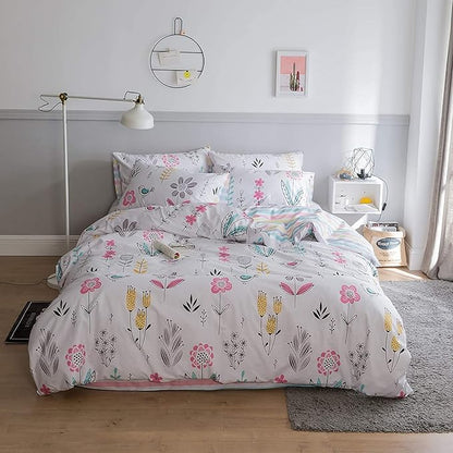 BuLuTu Floral Bird Print Pattern Girls Duvet Cover Full White Premium Cotton Nature Blossom Colorful Reversible Kids Bedroom Comforter Cover Bedding Sets for Teen Toddler,Zipper Closure