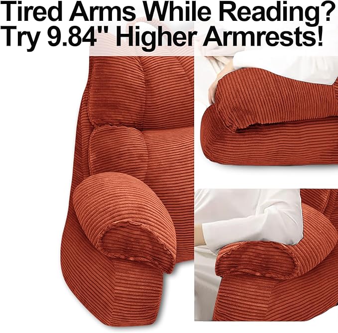 RRPAHWTV Reading Pillow for Bed with High Arm Rests,Back Support Pillow for Sitting Up in Bed with Shredded Memory Foam for Reading, TV, Gaming or Relaxing on Floor（Bright Orange, Small）