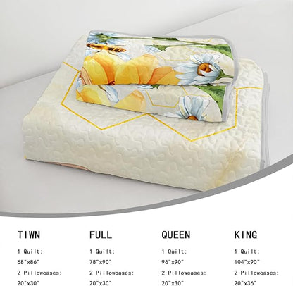 AILONEN Honey Bee Quilt Bedding Set Full Size,Sunflower Bedspread Coverlet,3Pcs Soft Watercolor Yellow Bee & Floral Bed Cover(1 Quilt + 2 Pillowcases)