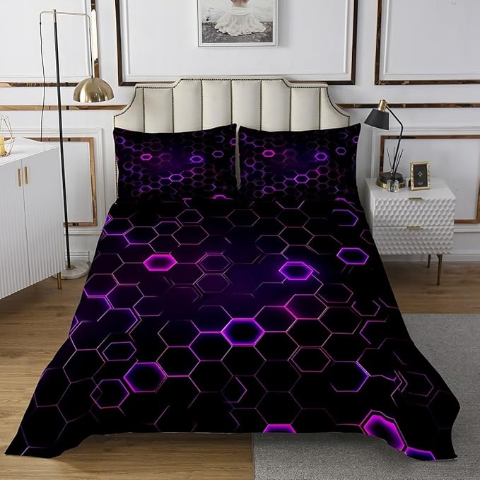 Erosebridal Geometric Comforter Set Hexagons Texture Coverlet Set Twin Size for Kids Child Adult,Trippy Geometric Bedspread Galaxy Quilt Set Soft Cozy Bedroom Decor Purple Violet