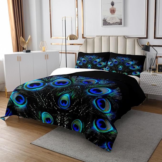 Erosebridal Peacock Feather Coverlet Set Wild Animal Bedspread for Kids Child Teens,Wildlife Bedding Set Fashion Novelty Luxurious Bedroom Decor King Size Blue Green Teal Black