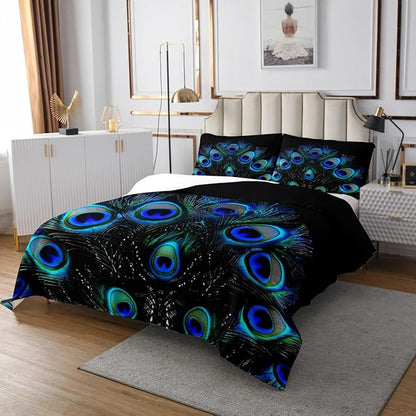 Erosebridal Peacock Feather Coverlet Set Wild Animal Bedspread for Kids Child Teens,Wildlife Bedding Set Fashion Novelty Luxurious Bedroom Decor King Size Blue Green Teal Black