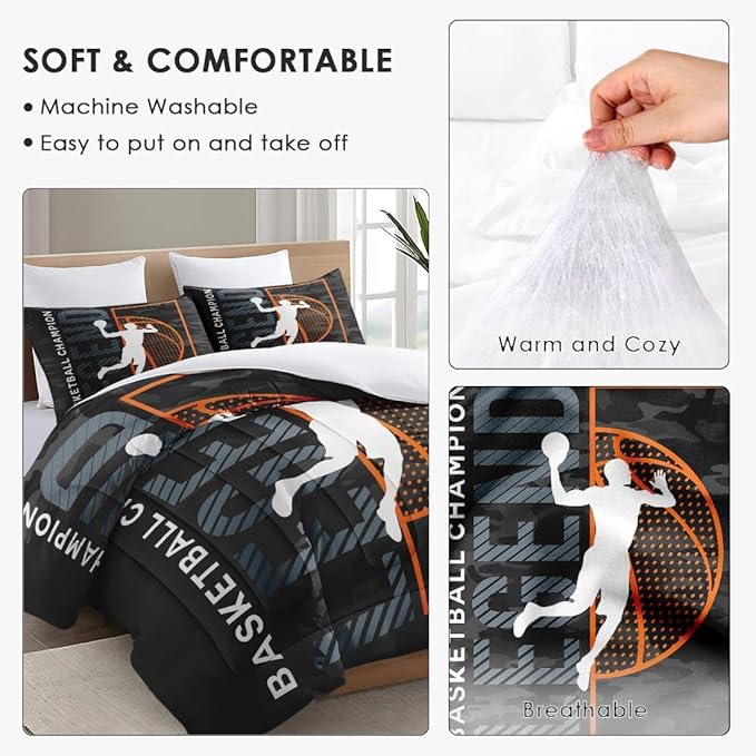 Queen Size Comforter Set with 2 Pillowcase, Vintage Basketball Sport Black Soft 3 Pcs Bedding for Kids and Adults, Bed Decor Urban Comforter Set for Room Bedroom