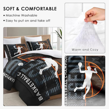 Queen Size Comforter Set with 2 Pillowcase, Vintage Basketball Sport Black Soft 3 Pcs Bedding for Kids and Adults, Bed Decor Urban Comforter Set for Room Bedroom