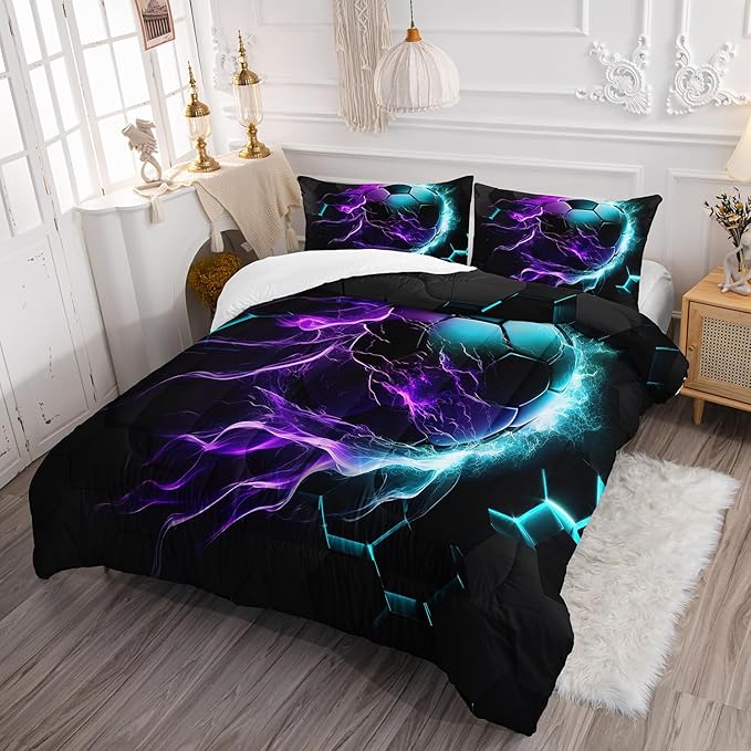 Soccer Print Themed Comforter 3Pcs Queen Gaming Sport Soccer Grid Bedding Set for Kid Teen Girl Boy Adult Balls Sports Games Blue Light Football Quilt Decor with 1 Comforter and 2 Pillowcases
