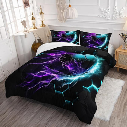 Soccer Print Themed Comforter 3Pcs Queen Gaming Sport Soccer Grid Bedding Set for Kid Teen Girl Boy Adult Balls Sports Games Blue Light Football Quilt Decor with 1 Comforter and 2 Pillowcases