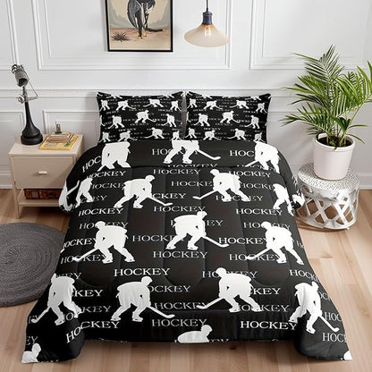 Castle Fairy Ice Hockey Full Size Comforter Set,Black Hockey Player Bedding Set for Adults Teens,Children Winter Sports Comforter Luxury Hockey Sports Event Quilt Set Room Decor 3Pcs