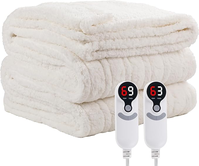 Electric Heated Blanket Queen Size 84"×90" Dual Control, 6 Heating Settings & 1-10H Auto Off, Heating Double Sided Plush Sherpa, Fast Heating, Machine Washable White
