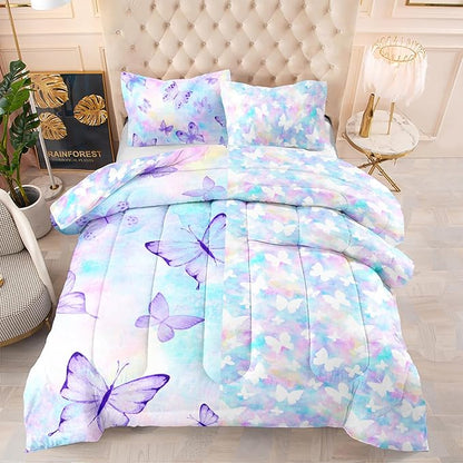 CVHOUSE Butterfly Reversible Comforter Set,Rainbow Butterfly Bedding Set for Girls Kids Teens,Tie Dye Butterflies Comforter Butterflies Duvet Set Room Decor Quilt Set Queen Size