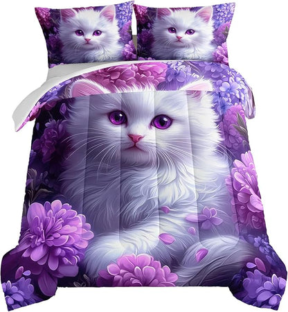 HOSIMA Cat King Size Comforter Set for Girls Room Decor,Cat Surrounded by Flowers Print Lightweight Cute Comforter,Fluffy Animal Themed Princess Bedding for Kids Teens with 2 Pillowcases.