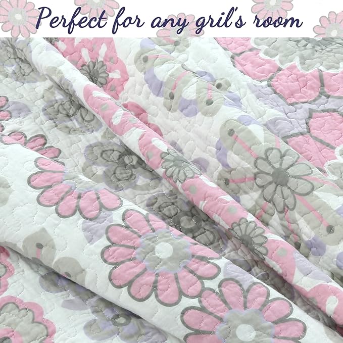 Cozy Line Home Fashions Light Purple Lavender Pink Floral 100% Cotton Reversible Quilt Bedding Set, Bedspread, Coverlet for Girls (Lilac Flower, Twin - 2 Piece)