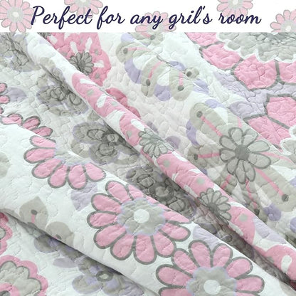 Cozy Line Home Fashions Light Purple Lavender Pink Floral 100% Cotton Reversible Quilt Bedding Set, Bedspread, Coverlet for Girls (Lilac Flower, Twin - 2 Piece)