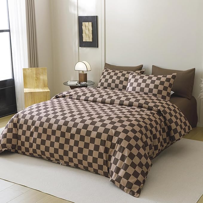 Wellboo Brown Plaid Comforter Set King Size Dark Brown and Cream Coffee Checkerboard Grid Bedding Comforters Cotton Women Men Modern Taupe Checkered Geometric Quilts Soft Luxury Brown Abstract Bed