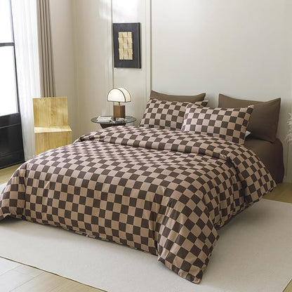 Wellboo Brown Plaid Comforter Sets Full Size Dark Brown and Cream Coffee Checkerboard Grid Bedding Comforters Cotton Women Men Modern Taupe Checkered Geometric Quilts Soft Luxury Brown Abstract Bed