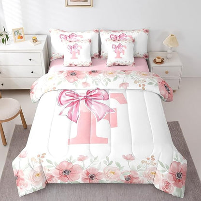 Erosebridal Dreamy Princess Bowknot Bed in A Bag, Monogrammed F Bow Bedding Sets Romance Flower Floral Comforter Set with Sheets Twin Size for Girls Kids Spring Fresh Style Bed Set Bedroom Decor