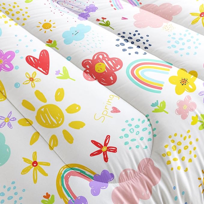 Colorful Rainbow Comforter Graffiti Cute Sun Flowers Bedding 3Pcs Full Cartoon Hearts Cloud Pattern Quilt Set for Kids Teens Girls Boys Raindrop Bed Set with 1 Comforter and 2 Pillowcases
