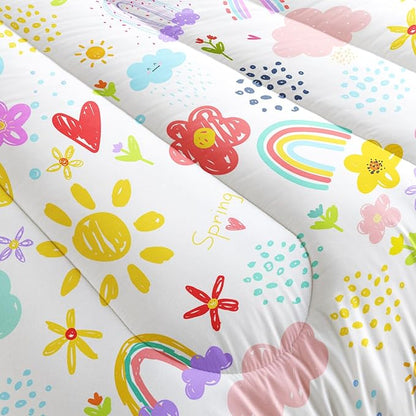 Colorful Rainbow Comforter Graffiti Cute Sun Flowers Bedding 3Pcs Queen Cartoon Hearts Cloud Pattern Quilt Set for Kids Teens Girls Boys Raindrop Bed Set with 1 Comforter and 2 Pillowcases