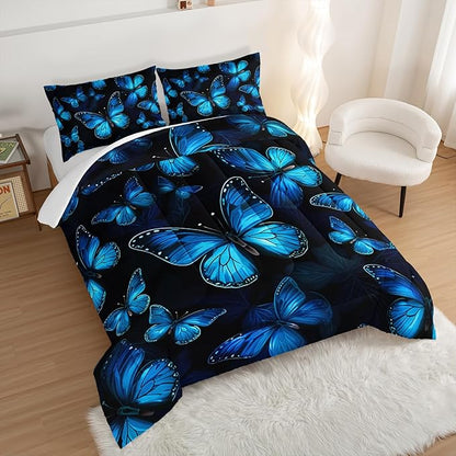 Dream Blue Butterfly Comforter Set Full Size,Boho Bedding Comforter Sets for Kids Boys Girls Bedroom Decor Aesthetic,Animal Themed Bedding Soft Fluffy Comforter Sets with 2 Pillowcases.
