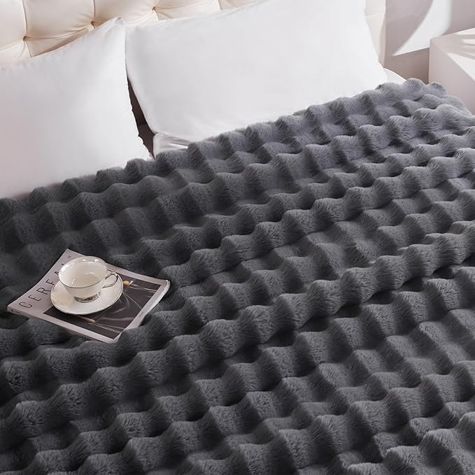 Heated Blanket Queen Size with 1/2/4/6/8 Hours Auto-Off 10 Heat Level, 71'' * 83'' Cozy Faux Rabbit Fur Bubble Electric Blanket with Overheat Protection(Dark Grey)