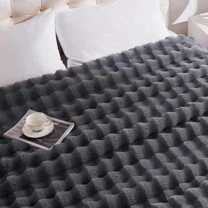 Heated Blanket Full Size with 1/2/4/6/8 Hours Auto-Off 10 Heat Level, 62'' * 84'' Cozy Faux Rabbit Fur Bubble Electric Blanket with Overheat Protection(Dark Grey)