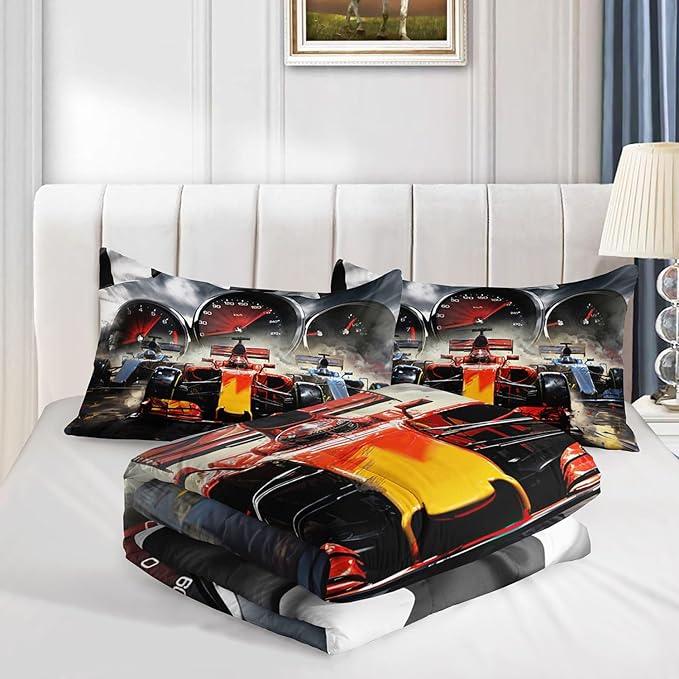Racing Theme Comforter Set Racing car Extreme Sports Competition Quilt Sets with 1 Comforter and 2 Pillowcases for Kids Boys Bedroom All Season（Race Car-2 Queen）