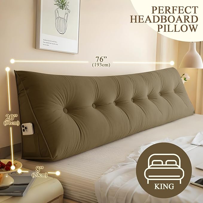 Headboard Pillow King, Large Triangular Wedge Headboard Pillow for Reading and Resting, Backrest Positioning Support Pillow with Removable Cover (Brown)