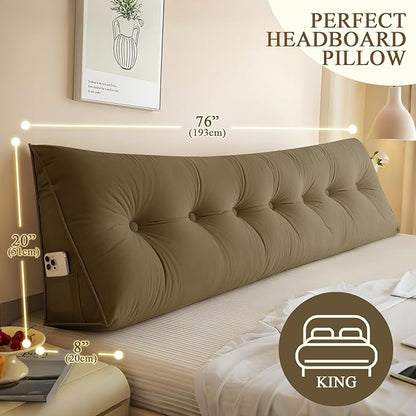 Headboard Pillow King, Large Triangular Wedge Headboard Pillow for Reading and Resting, Backrest Positioning Support Pillow with Removable Cover (Brown)