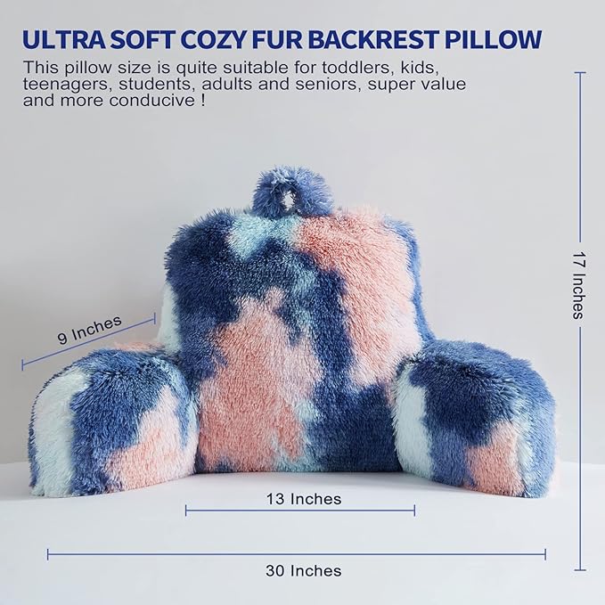 Reading Pillow for Bed Adult - Faux Fur Backrest Pillow with Arms, Ergonomic Back Pillows for Sitting in Bed, Extra Fluffy TV Pillows, College Dorm Pillows, Functional Bed Cushion, Bedrest