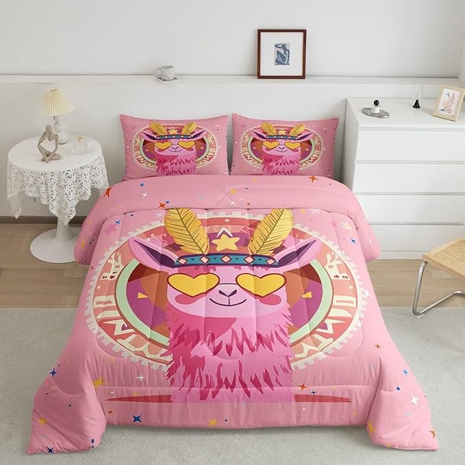 Exotic Alpaca Bedding Set King Size Bohemia Tribal Style Comforter Set for Girls Boys Room Decor Cartoon Funny Animal Down Comforter Colorful Star Geometric Quilt Set with 2 Pillowcases